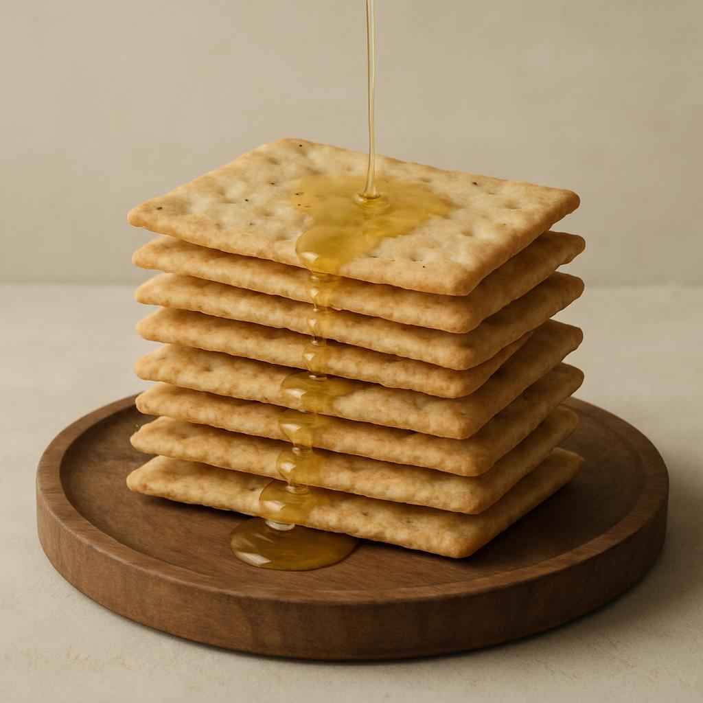 A stack of saltine crackers is topped with a drizzle of honey, situated on a dark wooden plate against a neutral-beige bac...