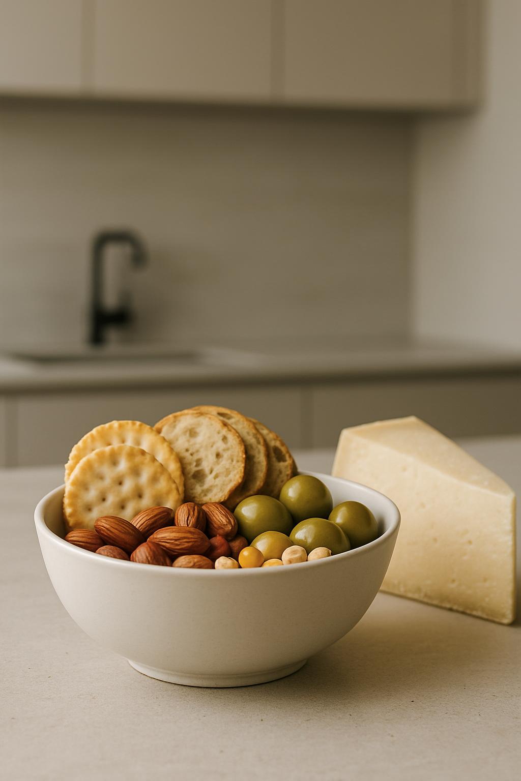 A bowl of assorted nuts, olives, and crackers is accompanied by a wedge of cheese on a countertop in a modern kitchen.