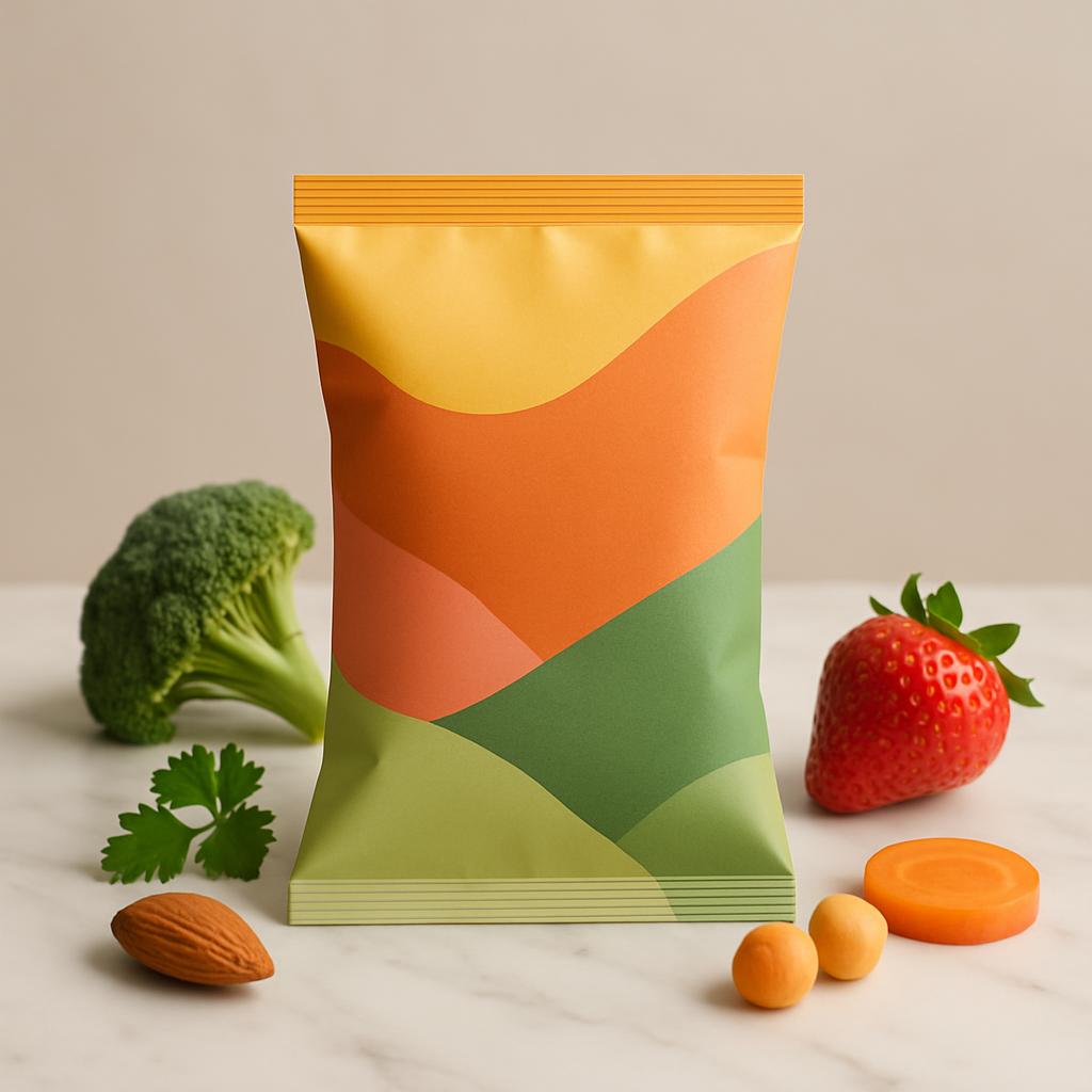 An illustrated design of a multicolored chip bag on a marble surface with fresh broccoli, almonds, strawberries, and other...