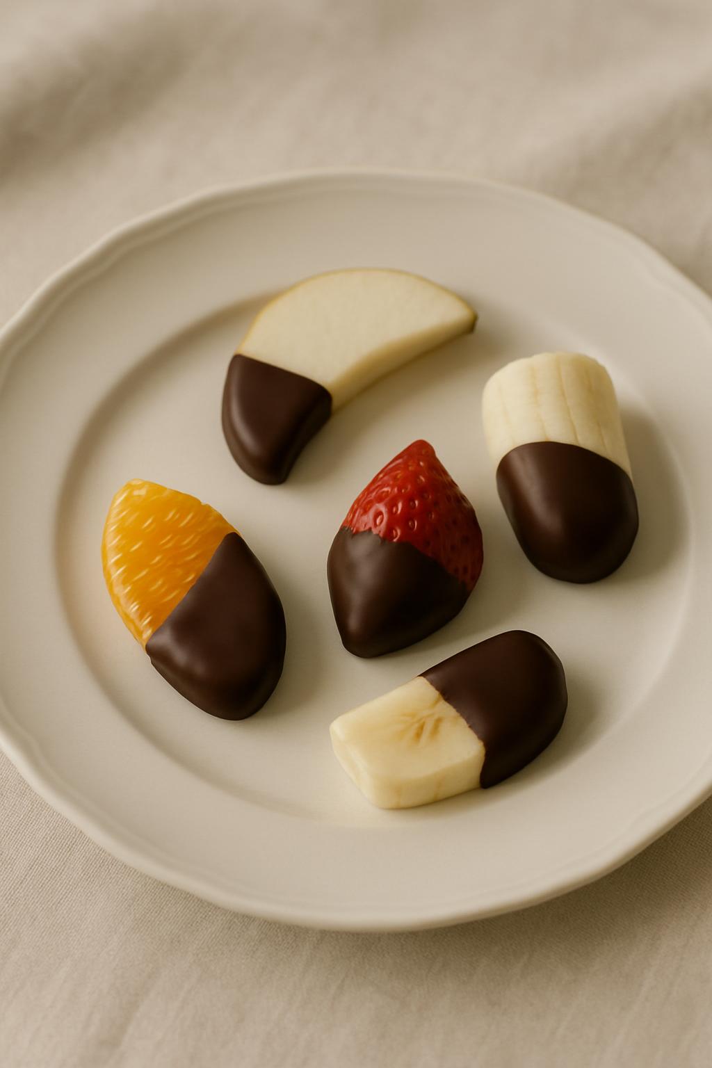 Multiple pieces of darker chocolate-dipped fruit on a small, white dish